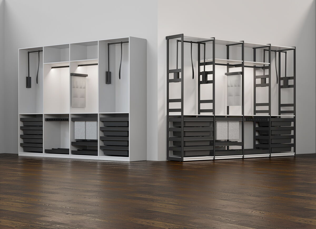 Metall-Dresscodesystem für einen begehbareren Schrank als freistehendes Rahmensystem oder als Schrankinnenausstattung.